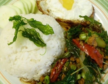 Thai food Stir fry ground chicken with Thai holy basil