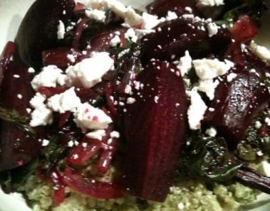 Balsamic Beets and Greens Over Pesto Quinoa