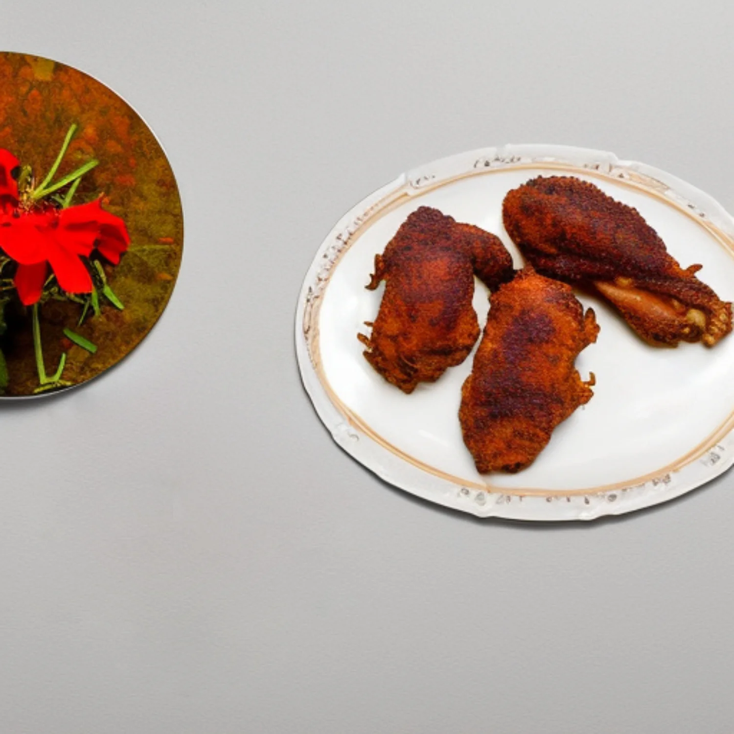 photo with 2 plates one with fried chicken thighs and another one is decorative with a flower.
