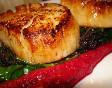 Red Beet Puree, Braised Kale and Pan-Fried Scallops