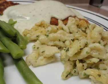 Pork Schnitzel with Sour Cream Dill Sauce & German Spaetzle Dumplings recipe
