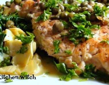Skinny Chicken Piccata with Sauteed Spinach and Artichokes