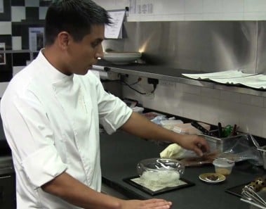 Benites prepares a dessert at Joël Robuchon in Singapore