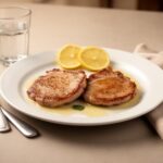 Two golden-brown veal scaloppine with lemon pan sauce on white plate