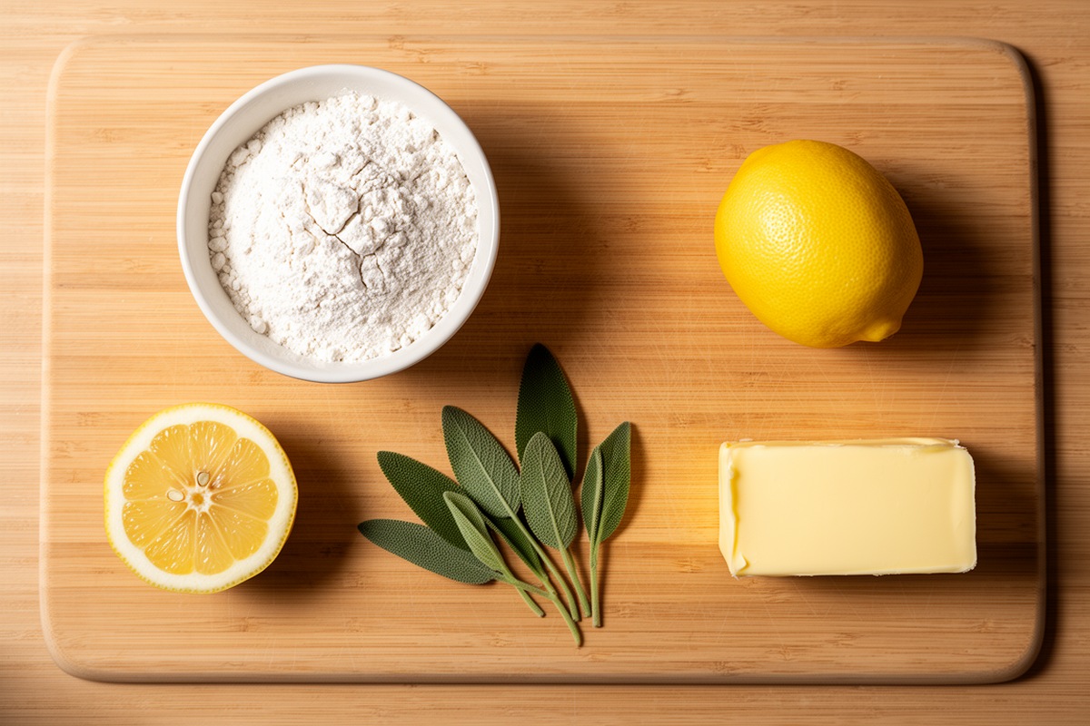 Ingredients for veal cutlets with lemon sage sauce — flour bowl, lemon, butter and fresh sage leaves on wooden board