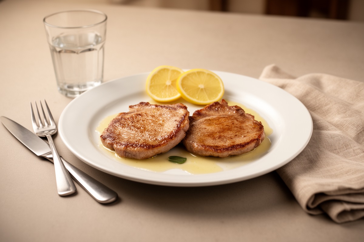 Two golden-brown veal scaloppine with lemon pan sauce on white plate, cutlery and water glass alongside