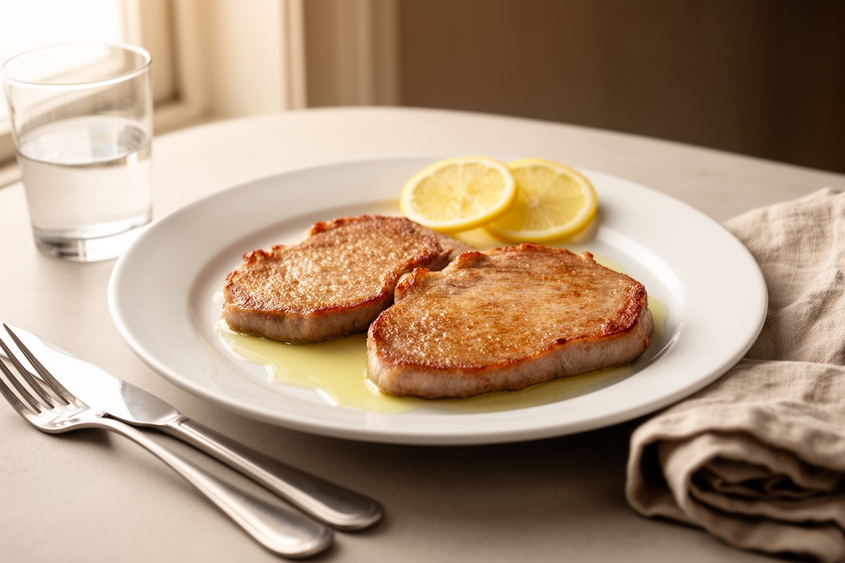 Veal cutlets with lemon sage pan sauce on white ceramic plate with two lemon slices