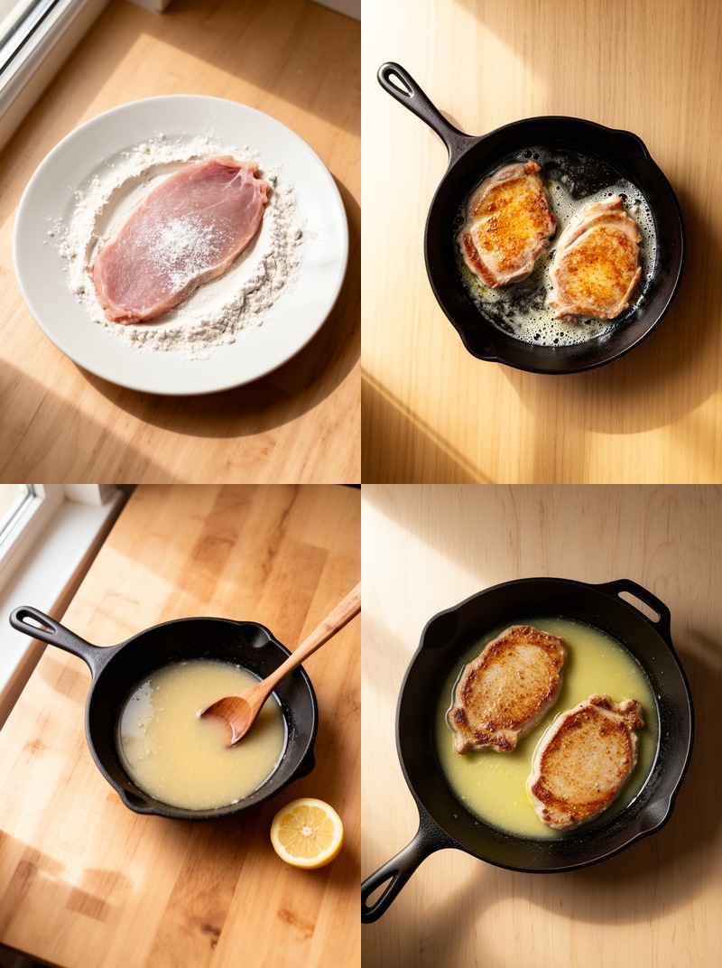 Four-step photo guide to making veal cutlets with lemon sage sauce — dredging, searing, building sauce, finishing
