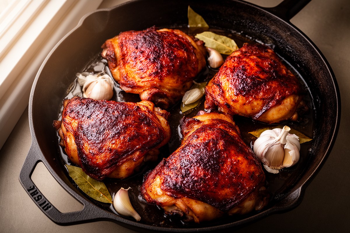 Bone-in chicken thighs braised in dark adobo glaze with garlic cloves and bay leaves in wide cast iron pan