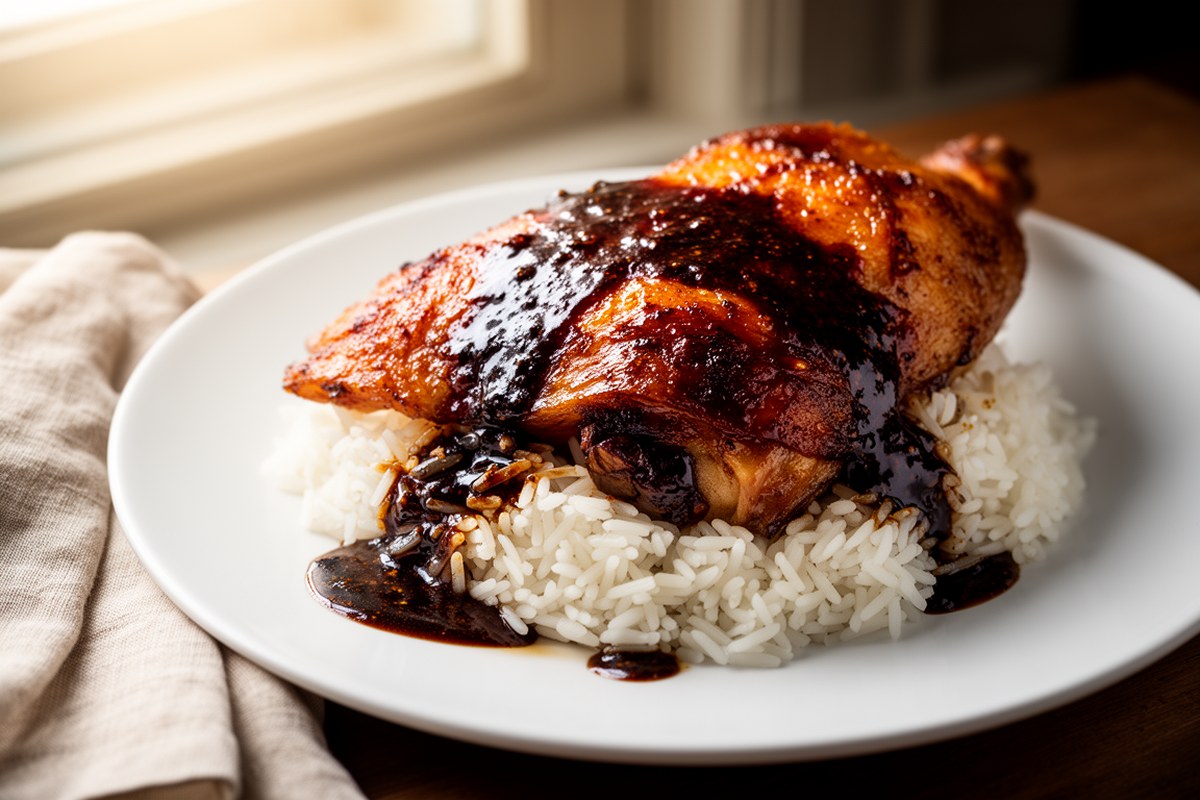 Filipino chicken adobo served over steamed white rice on white ceramic plate with glossy dark sauce spooned over