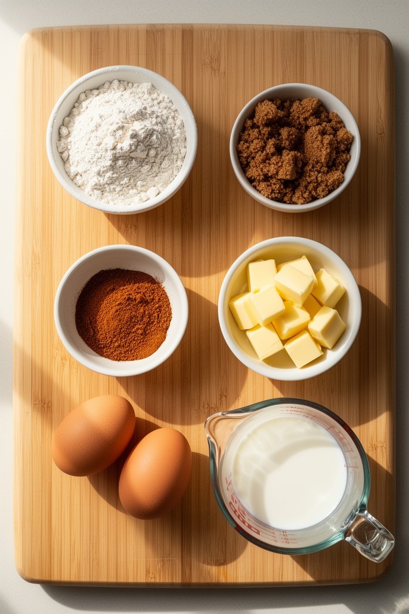 Ingredients for Cinnamon Crumb Coffee Cake Recipe laid out on wooden board