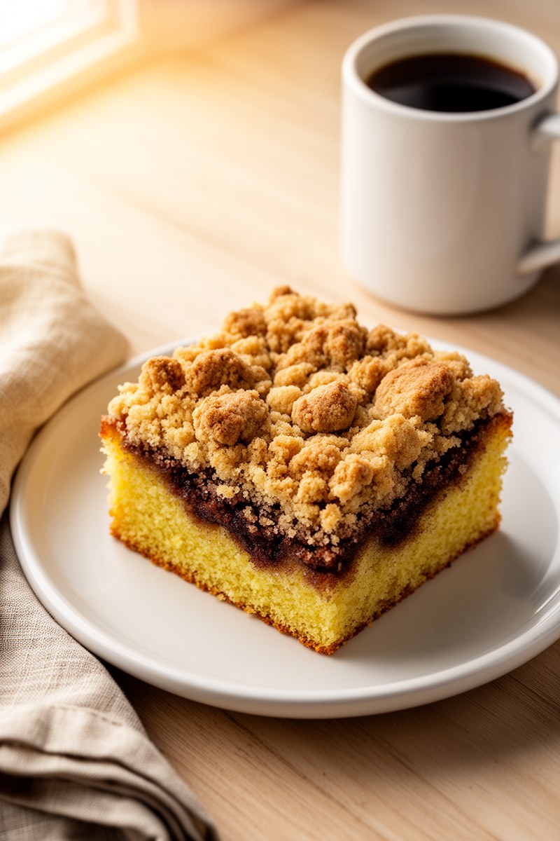 Cinnamon Crumb Coffee Cake Recipe served on white ceramic plate