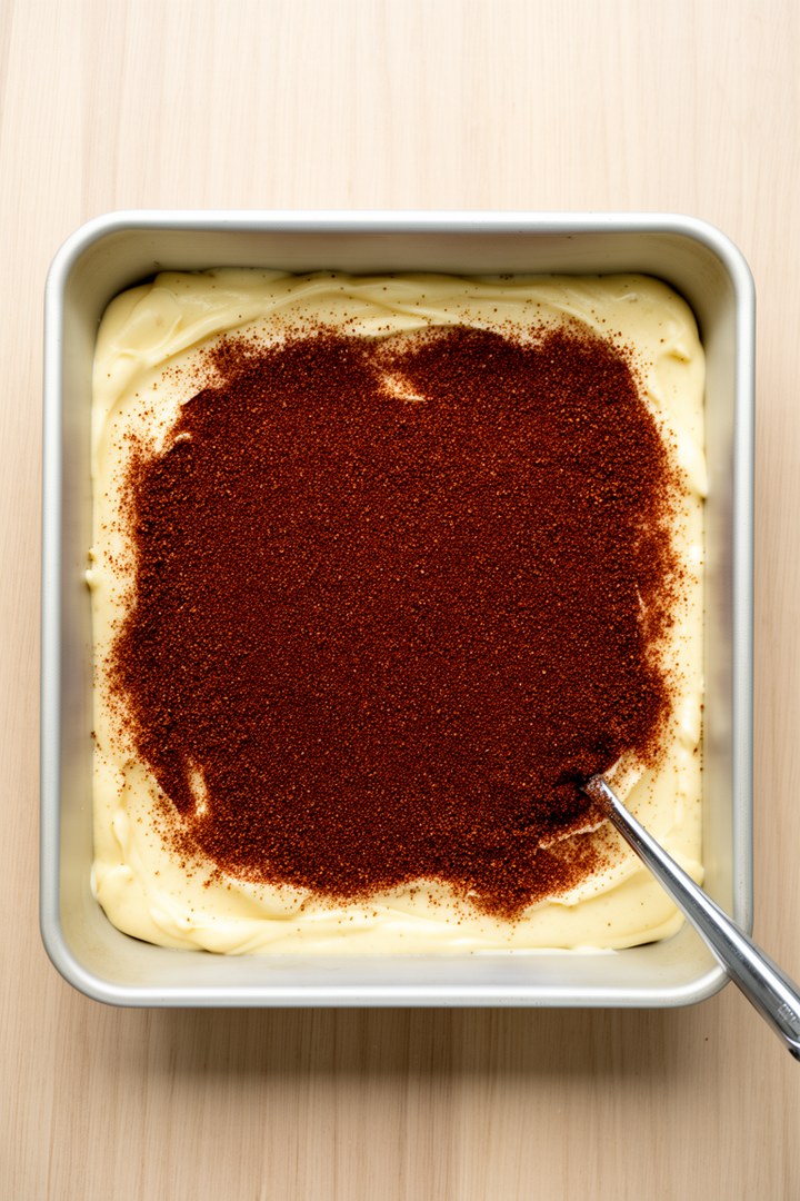 Step 2 of making Cinnamon Crumb Coffee Cake Recipe — Batter layered with cinnamon filling