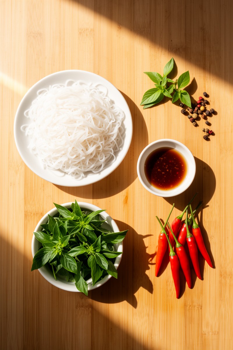 Ingredients for Drunken Noodles Asian Food Recipes laid out on wooden board