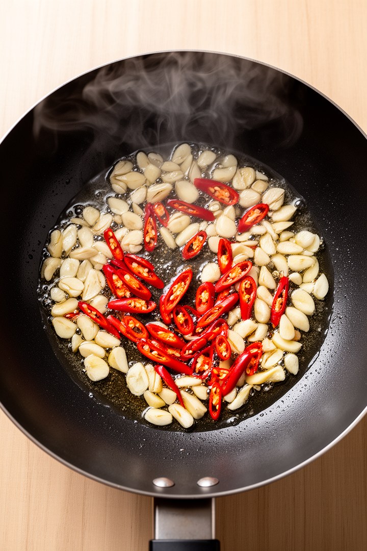 Step 1 of making Drunken Noodles Asian Food Recipes — Wok smoking hot, aromatics sizzling