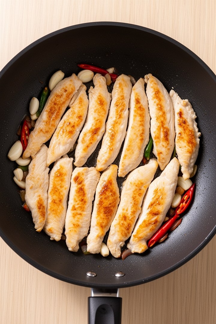 Step 2 of making Drunken Noodles Asian Food Recipes — Protein seared golden