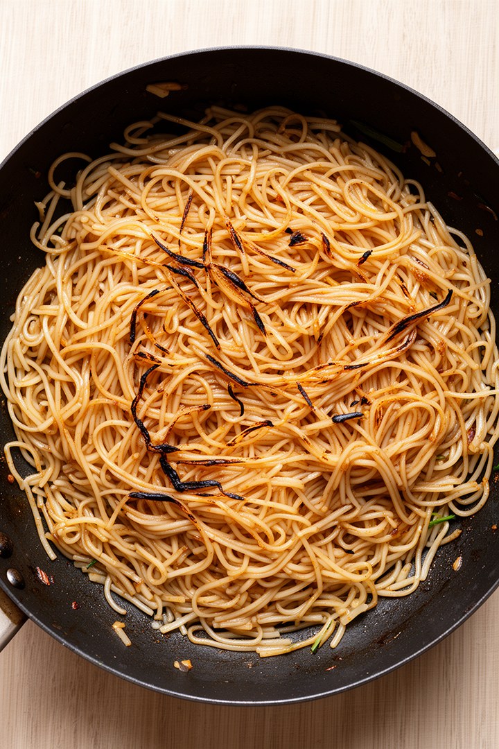 Step 3 of making Drunken Noodles Asian Food Recipes — Noodles charred at edges