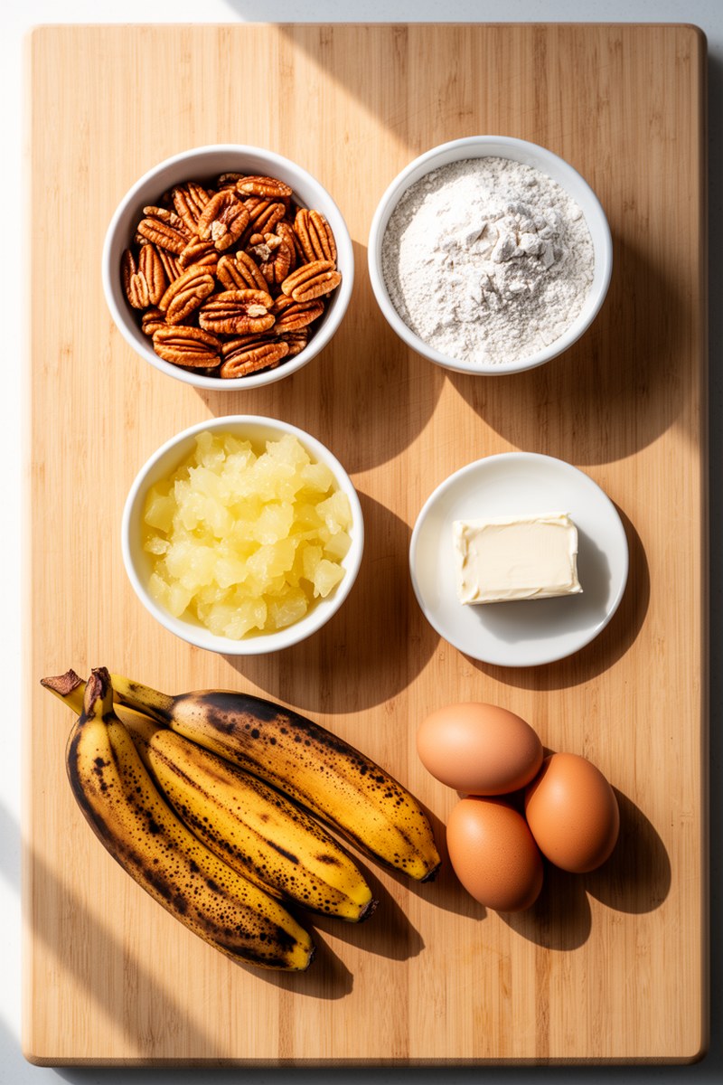 Ingredients for Hummingbird Cake Recipe laid out on wooden board