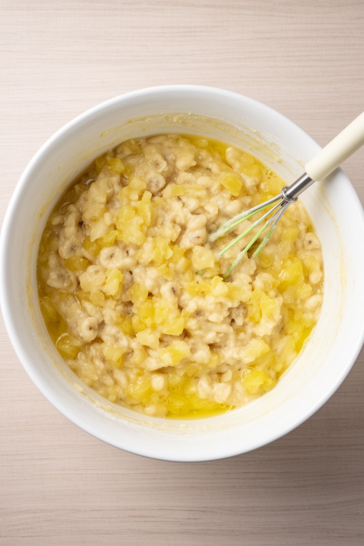 Step 1 of making Hummingbird Cake Recipe — Mashed banana and pineapple wet mix