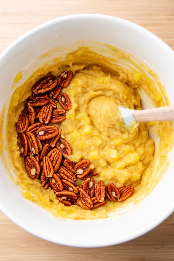 Step 2 of making Hummingbird Cake Recipe — Thick batter with toasted pecans folded in