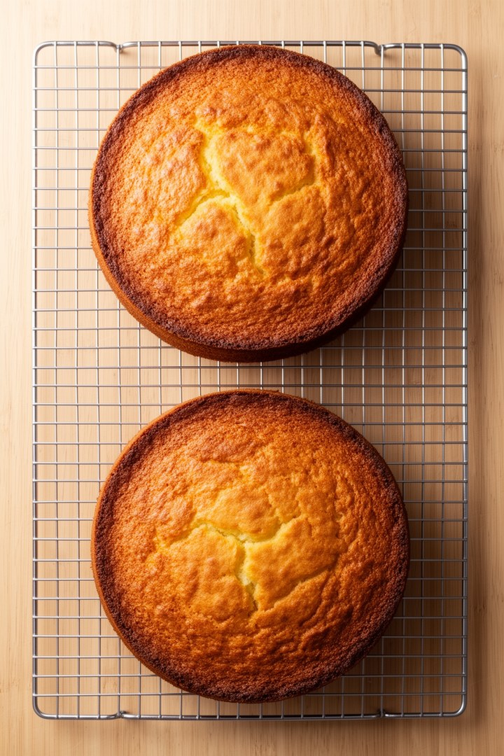 Step 3 of making Hummingbird Cake Recipe — Golden baked cake layers on wire racks