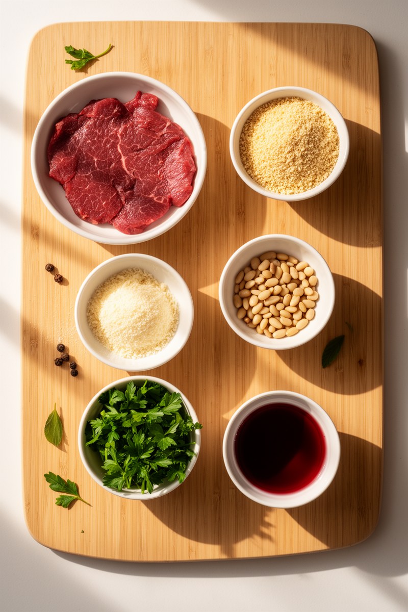 Ingredients for Italian Braciole Beef Veal Food Recipes laid out on wooden board