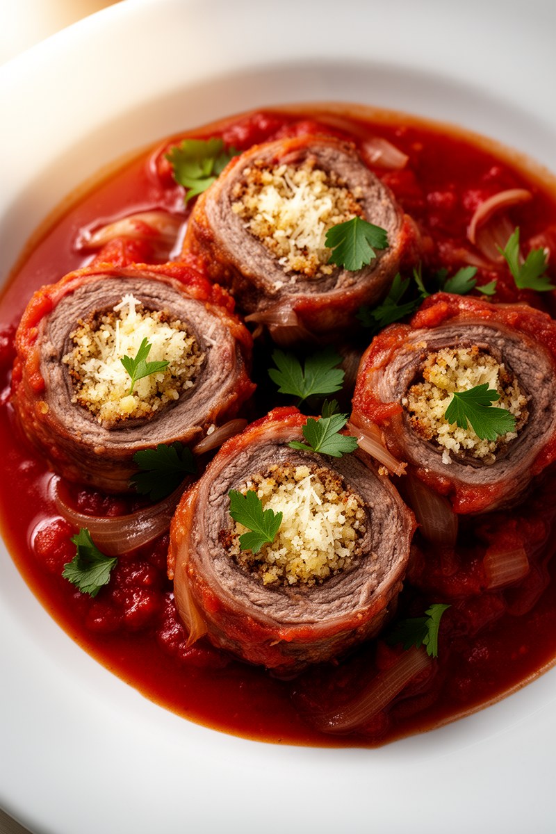 Italian Braciole Beef Veal Food Recipes on plate, ready to serve
