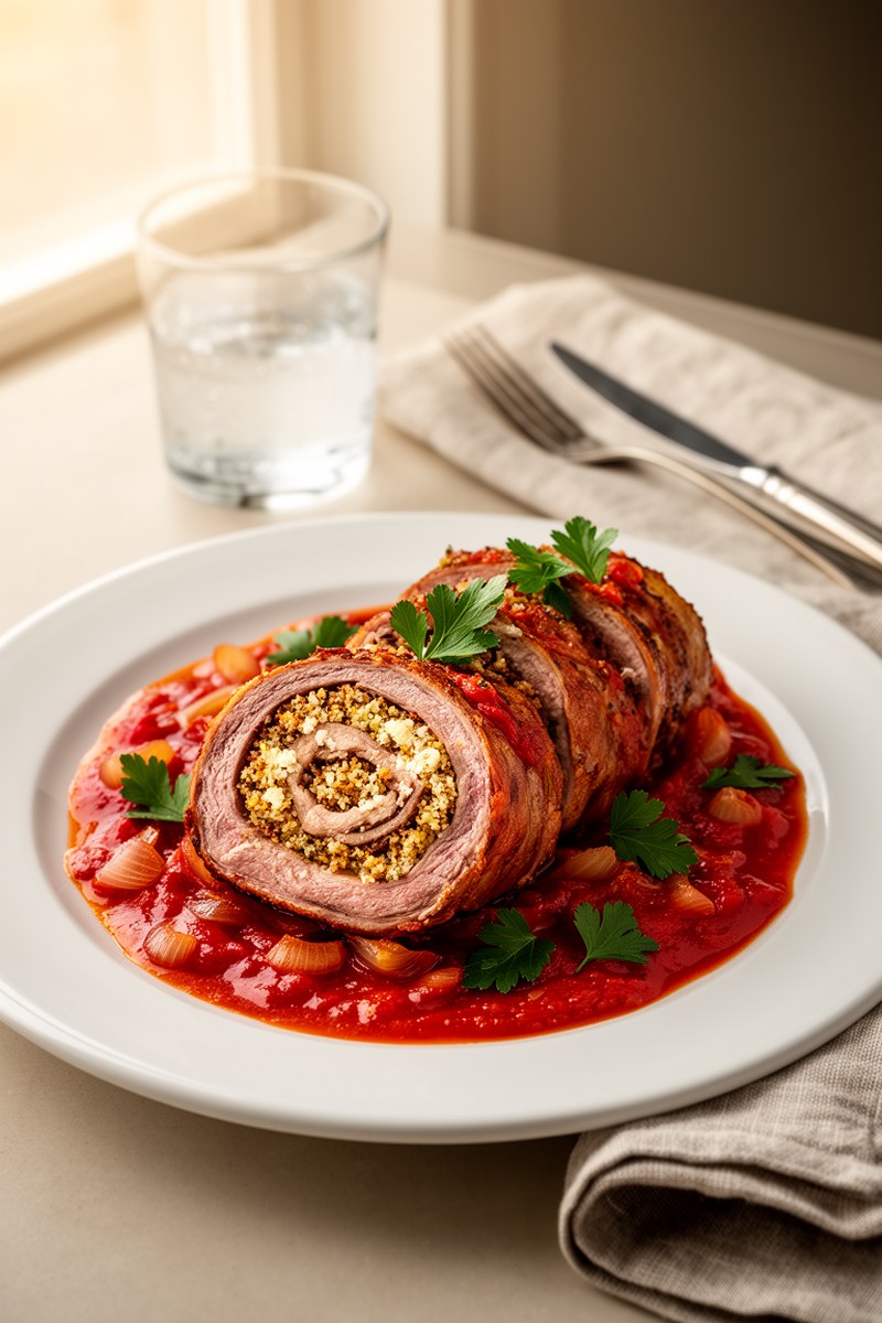 Italian Braciole Beef Veal Food Recipes served on white ceramic plate