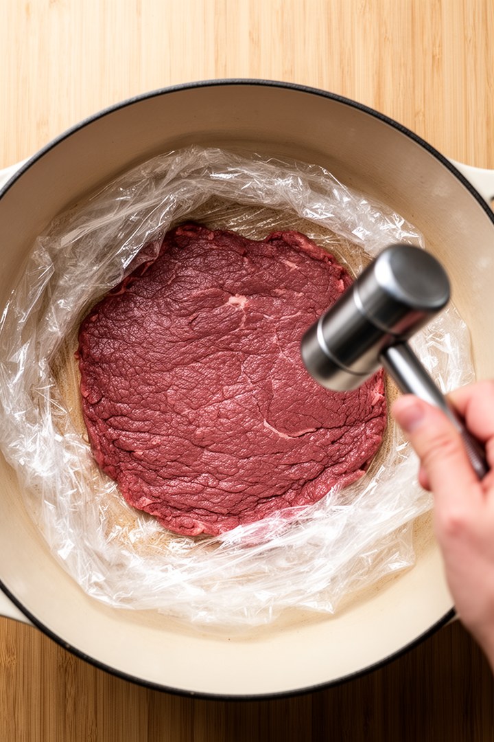 Step 1 of making Italian Braciole Beef Veal Food Recipes — Pound beef thin