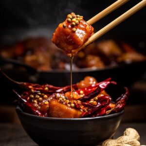 Kung Pao Chicken — chopsticks lifting glazed cube with Sichuan peppercorns and sauce drip into bowl of dried chilis
