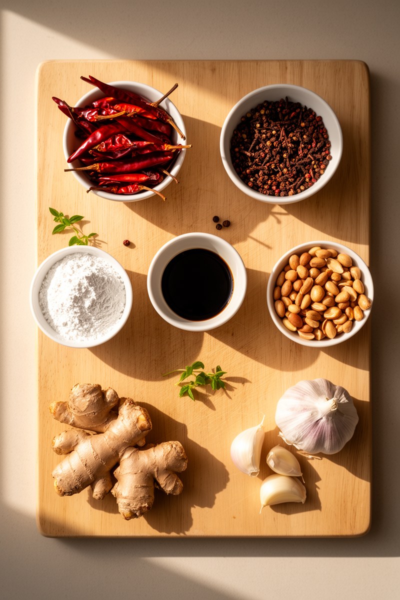 Ingredients for Kung Pao Chicken laid out on wooden board