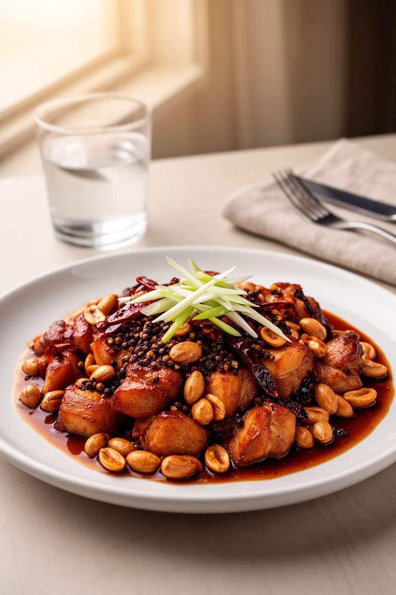 Kung Pao Chicken served on white ceramic plate
