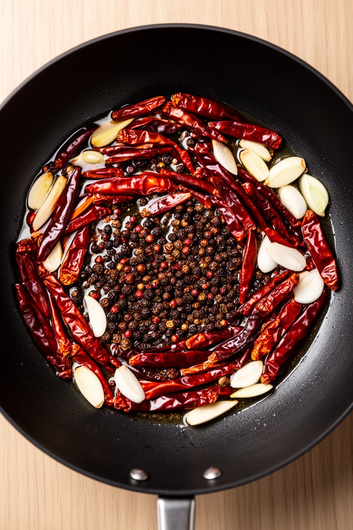 Step 3 of making Kung Pao Chicken — Bloom aromatics