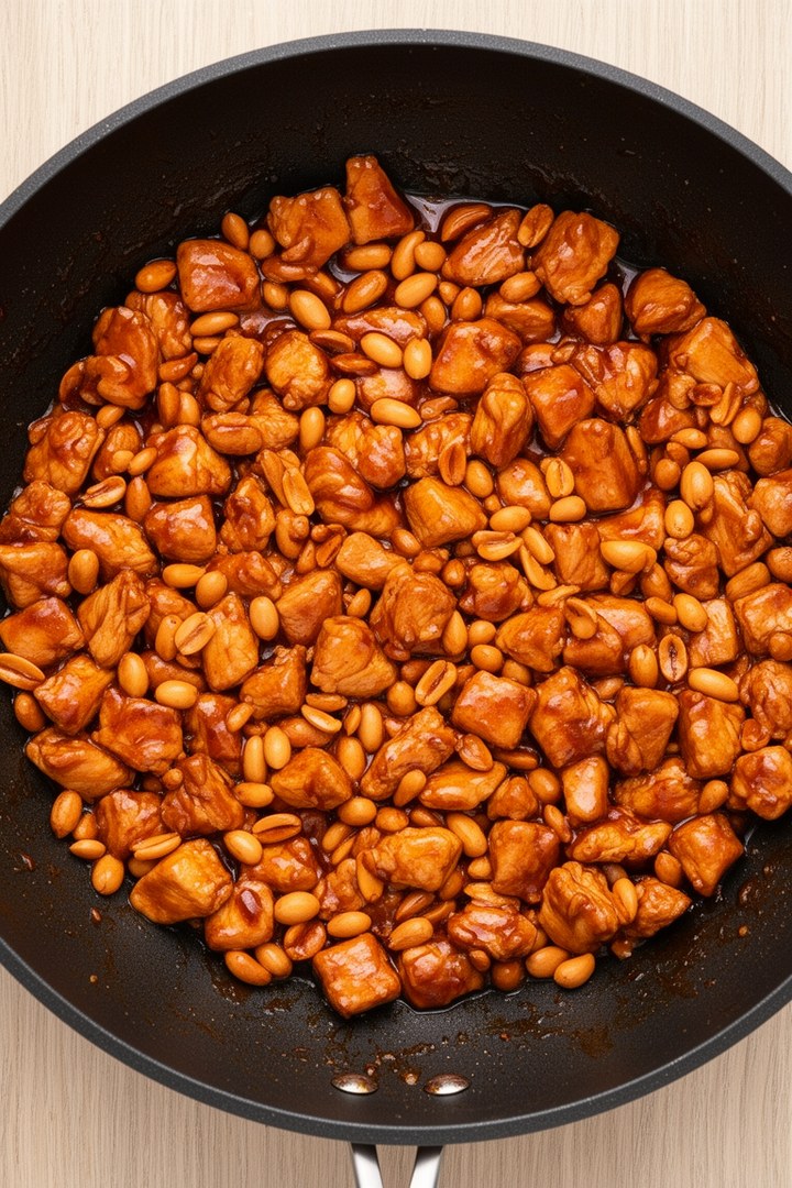 Step 4 of making Kung Pao Chicken — Toss in sauce