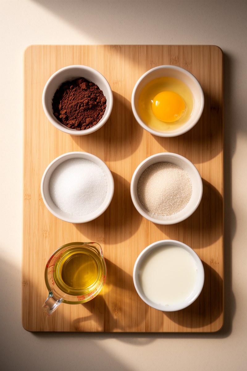 Ingredients for Moist Chocolate Cake Recipe laid out on wooden board