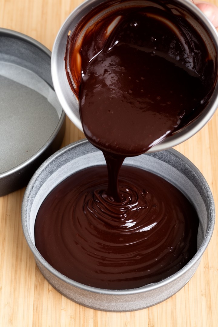 Step 5 of making Moist Chocolate Cake Recipe — Pouring batter into pans