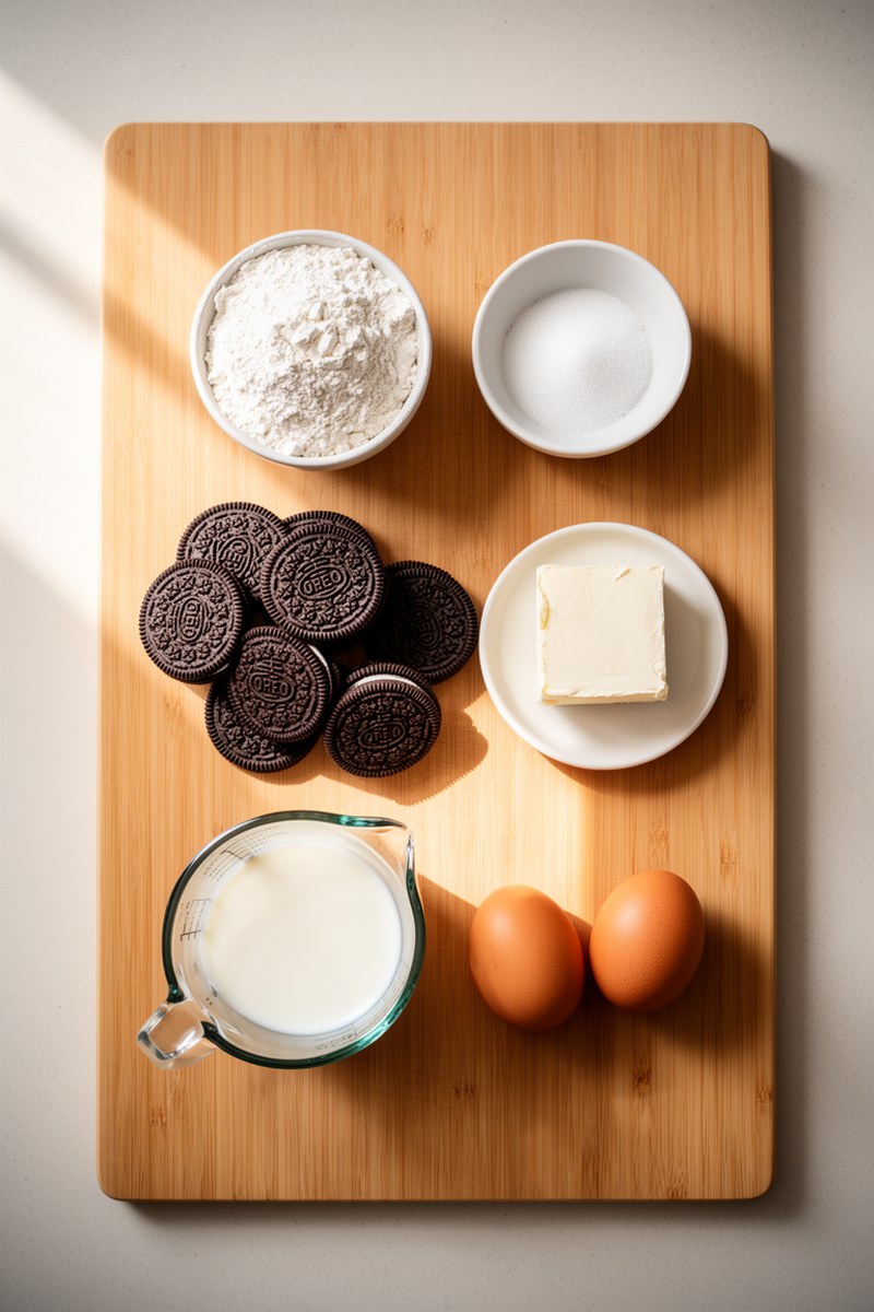 Ingredients for Oreo Cake Recipe laid out on wooden board
