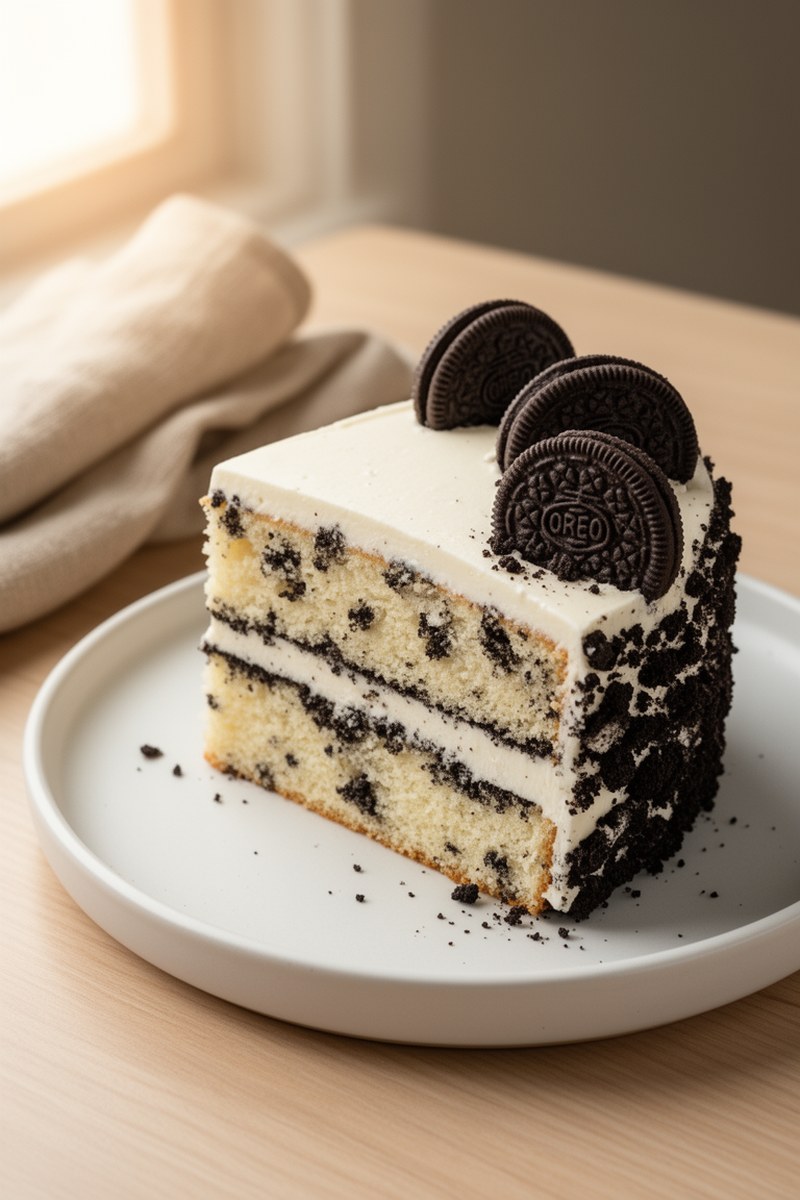 Oreo Cake Recipe served on white ceramic plate