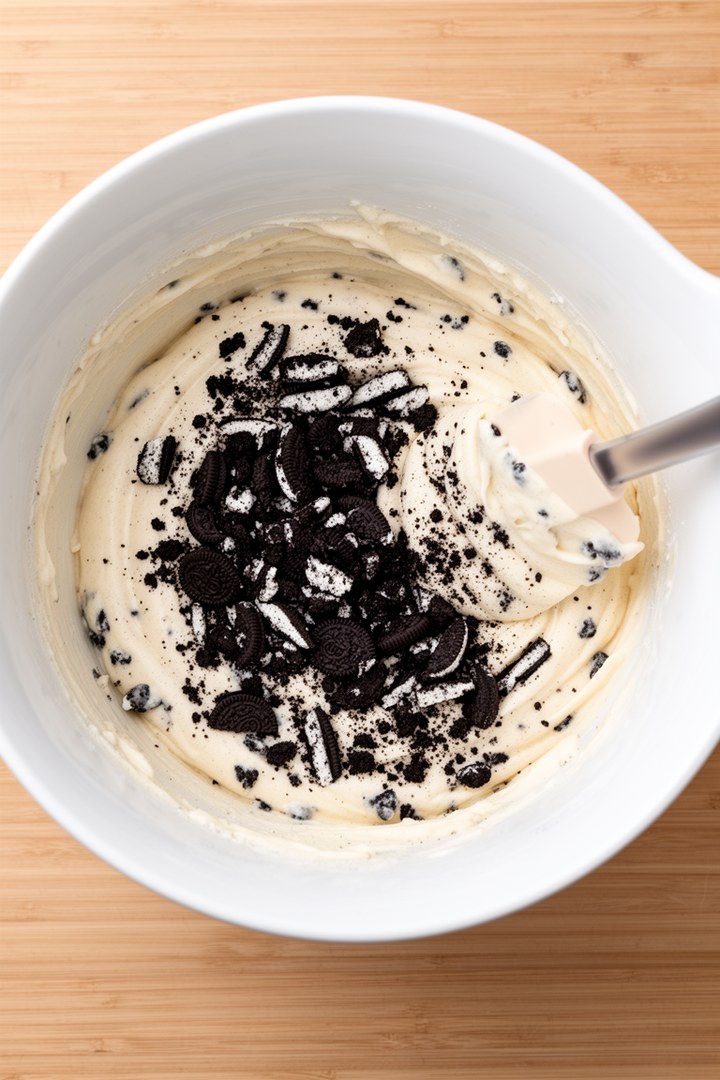 Step 2 of making Oreo Cake Recipe — Vanilla batter with Oreo crumbs folded in