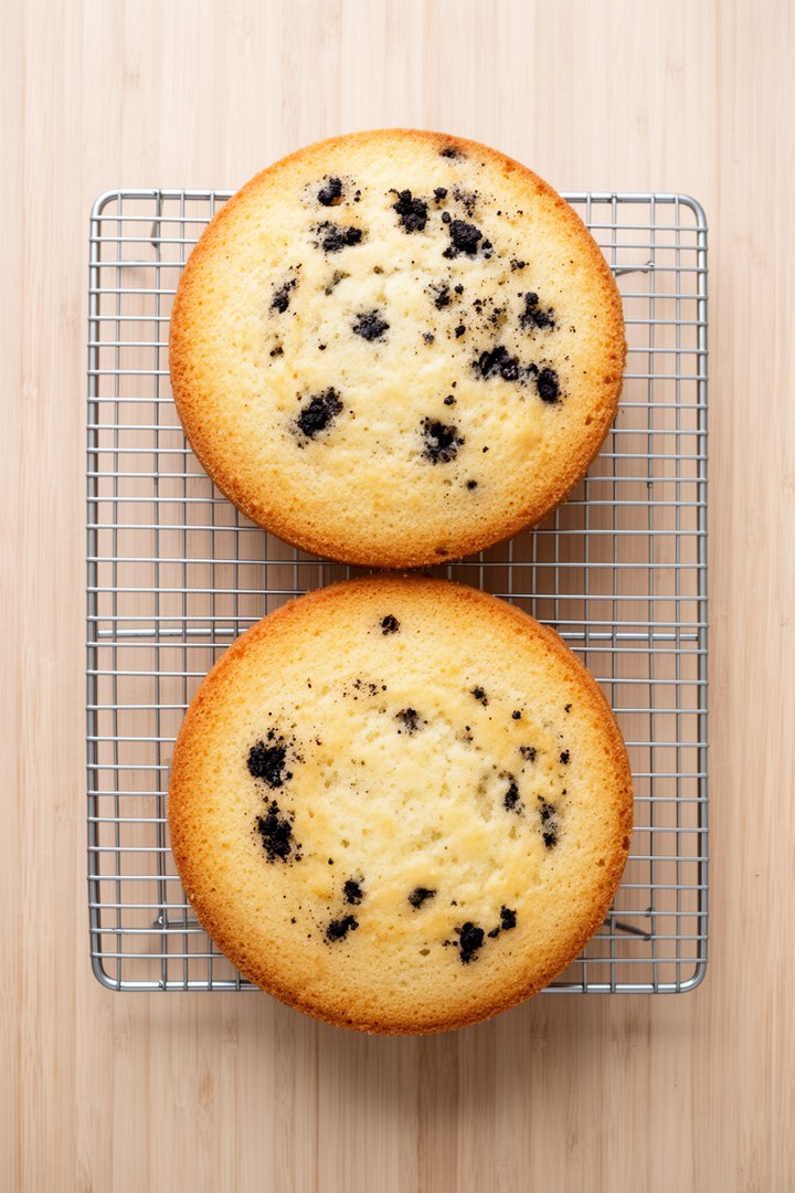 Step 3 of making Oreo Cake Recipe — Two golden cake layers cooling