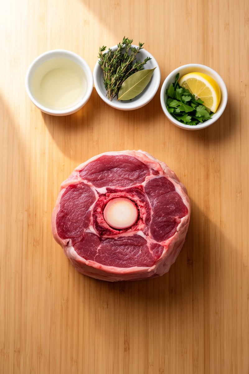 Ingredients for Osso Buco Recipe laid out on wooden board