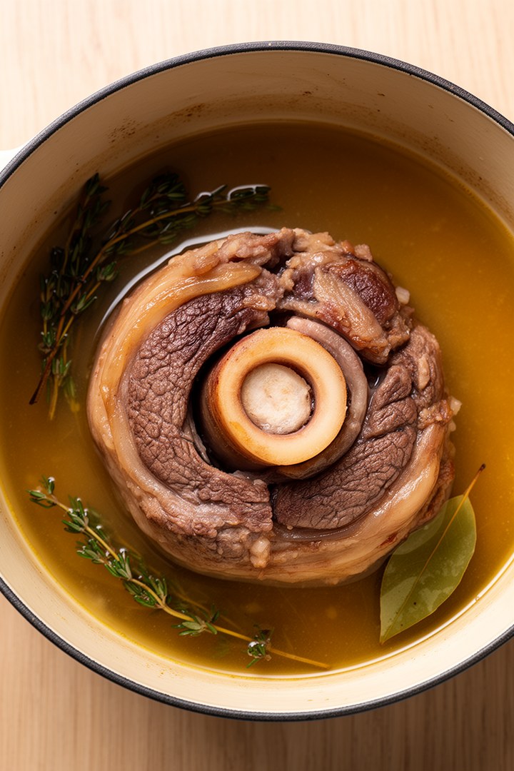 Step 4 of making Osso Buco Recipe — Braising liquid at halfway mark