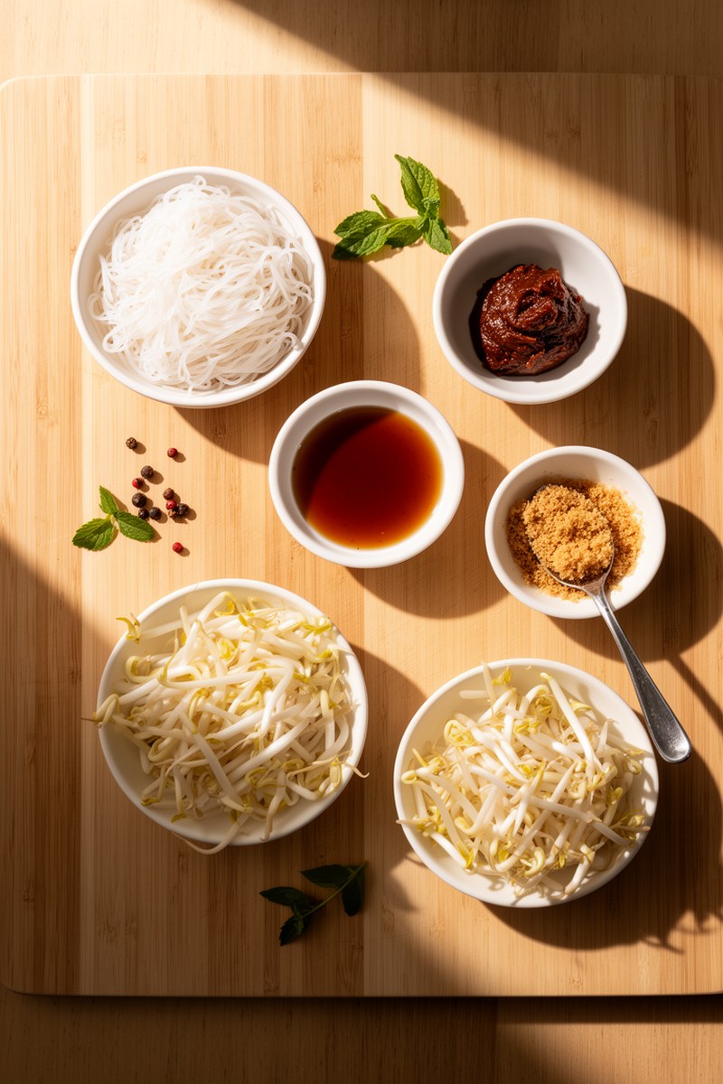 Ingredients for Pad Thai Asian Food Recipes laid out on wooden board
