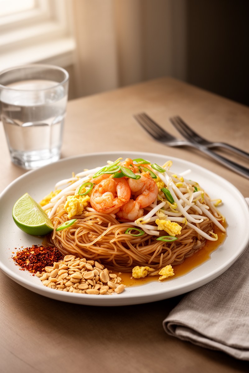 Pad Thai Asian Food Recipes served on white ceramic plate