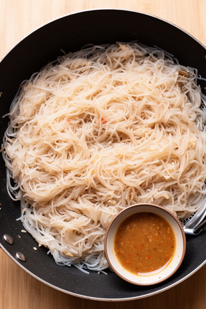 Step 1 of making Pad Thai Asian Food Recipes — Noodles soaked and sauce mixed