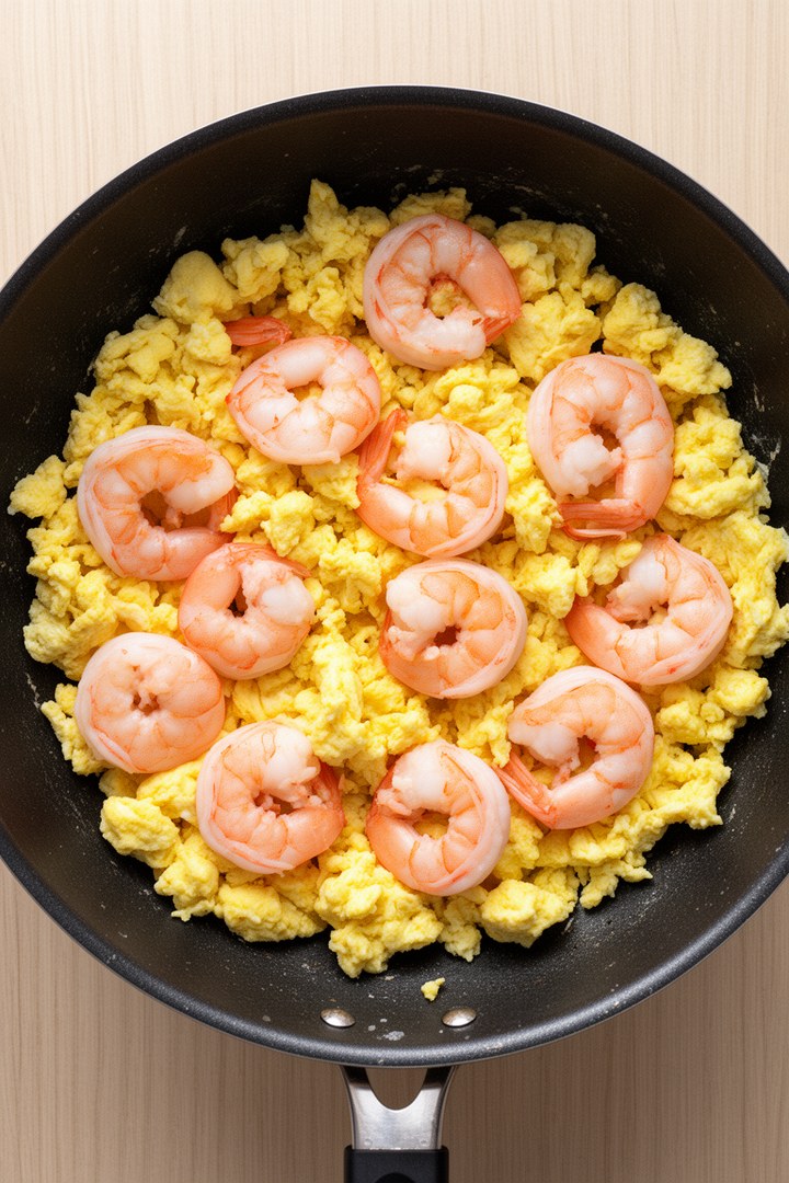 Step 2 of making Pad Thai Asian Food Recipes — Shrimp cooked, eggs scrambled