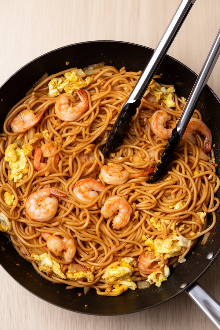Step 3 of making Pad Thai Asian Food Recipes — Noodles tossed with sauce