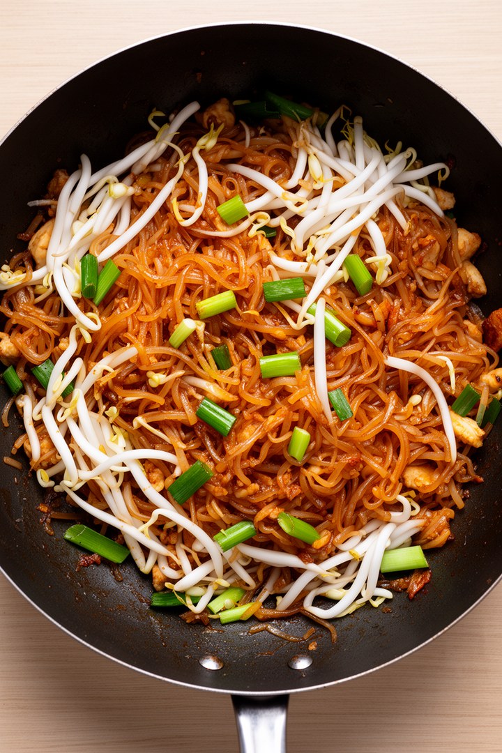 Step 4 of making Pad Thai Asian Food Recipes — Bean sprouts and onions added