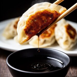 Pan-fried potsticker held by chopsticks — soy sauce dripping into bowl below, steaming hot from the pan