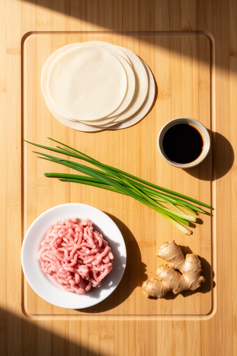 Ingredients for Pan Fried Pork And Chive Potstickers laid out on wooden board